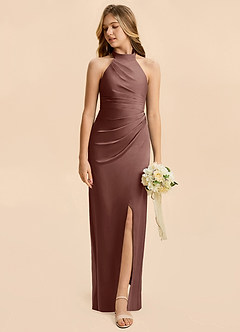 Azazie Jemma Junior Espresso Sheath Ruched Stretch Satin Dress image3