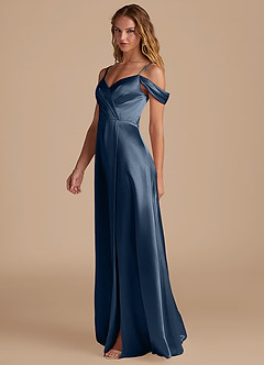 Azazie Ocean At-home Try On Dresses Auburn A-Line Off the Shoulder Metallic Satin Dress image4