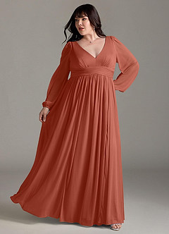 Azazie Norah Bridesmaid Dresses Clay A-Line V-Neck Long Sleeve Chiffon Dress image8