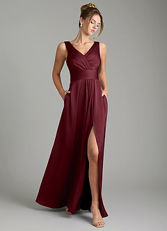 Azazie Karina Bridesmaid Dresses Cabernet A-Line Pleated Stretch Satin Dress image1