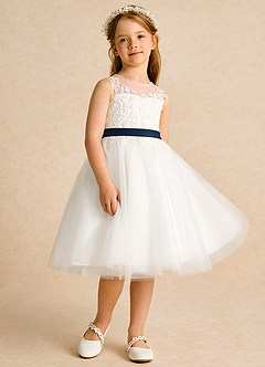 Azazie Lettie Flower Girl Dresses Ivory Dark Navy Ball-Gown Lace Dress image4