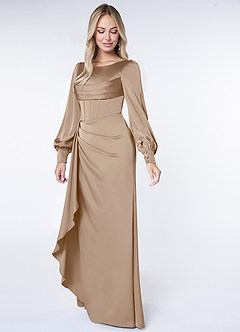 Azazie Raye Bridesmaid Dresses Taupe Mermaid Long Sleeve Stretch Satin Dress image3