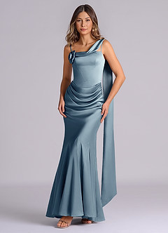 Azazie Inara Bridesmaid Dresses Dusty Blue Mermaid Pleated Stretch Satin Dress image1