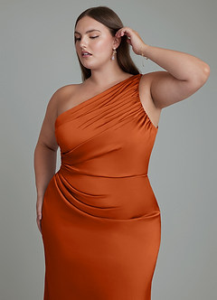 Azazie Akilah Vestidos de damas de honor Vestido Naranja Quemada de Satén Elástico de Corte Sirena con Un hombro image13