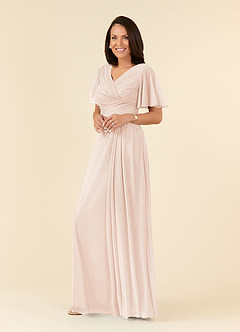 Azazie Emmeline Mother of the Bride Dresses Blushing Pink A-Line V-Neck Pleated Mesh Dress image3