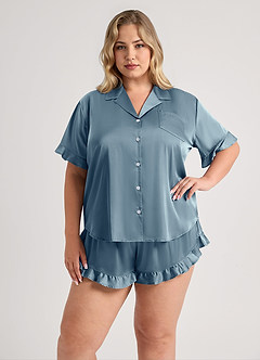 front Matching Color Ruffled Short Sleeve Pajama Set