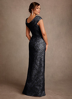 Azazie Irvine Mother of the Bride Dresses Black A-Line Pleated Floral Jacquard Dress image2