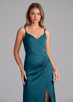 Azazie Leo Robes de demoiselle d'honneur Robe Fourreau en Satin extensible Plissée Bleu Encre image3