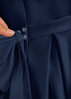 Azazie Pearl Flower Girl Dresses Dark Navy Ball-Gown Pleated Matte Satin Dress image9