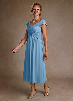 Azazie Mirta Final Sale Steel Blue A-Line Pleated Floral Burnout Dress image4