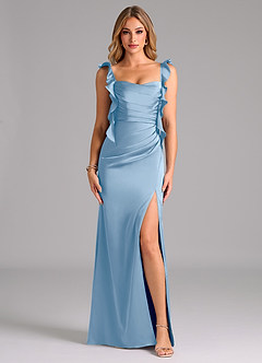 Azazie Jessamine Bridesmaid Dresses Powder Blue Sheath Corset Stretch Satin Dress image3