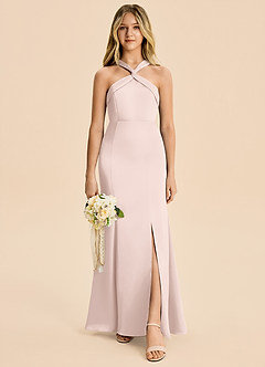 Azazie Rue Junior Blushing Pink Mermaid Pleated Stretch Satin Dress image4