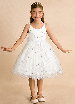 Azazie Junebug Blumenmädchenkleider Ballkleid Spaghetti Riemen Tüll Kleid Elfenbein image3
