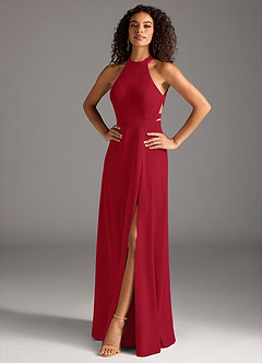 Azazie Clarice Final Sale Dark Green A-Line High Neck Stretch Crepe Dress image2