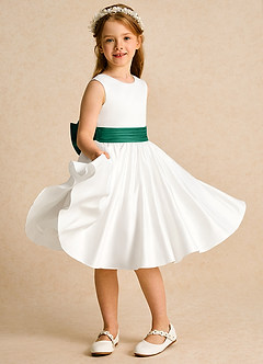 Azazie Sosie Flower Girl Dresses Ivory Emerald A-Line Pleated Matte Satin Dress image5