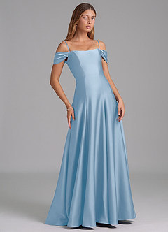 Azazie Seriana Robes de demoiselle d'honneur Robe Trapèze Convertible en Satin extensible Épaule décolletée Poudre Bleue image6