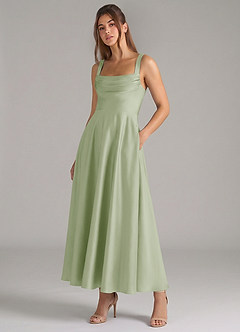 Azazie Shaude Bridesmaid Dresses Dusty Sage A-Line Pleated Stretch Satin Dress image5