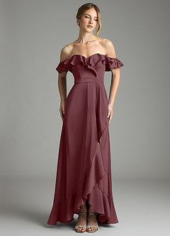 Azazie Lyra Bridesmaid Dresses Sangria A-Line Off the Shoulder Stretch Satin Convertible Dress image1