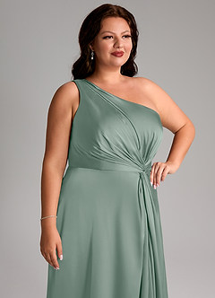 Azazie Brooke Robes de demoiselle d'honneur Robe Trapèze en Satin extensible Une épaule Sauge D'argent image14