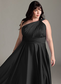 Azazie Charlize Bridesmaid Dresses Black A-Line One Shoulder Stretch Satin Dress image7