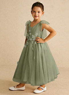 Azazie Minia Flower Girl Dresses Pistachio A-Line Bow Matte Satin Dress image5