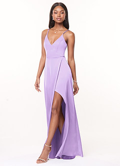 Azazie Maksim Bridesmaid Dresses Lilac A-Line V-Neck Stretch Satin Dress image4