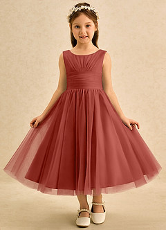 Azazie Macaron Robe Demoiselle D'honneur Fillette Robe Trapèze en Tulle Plissée Terracotta image3