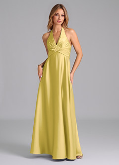 Azazie Tessie Bridesmaid Dresses Canary A-Line Pleated Stretch Satin Dress image6