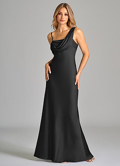 Azazie Celina Bridesmaid Dresses Black Sheath Off the Shoulder Stretch Satin Dress image3