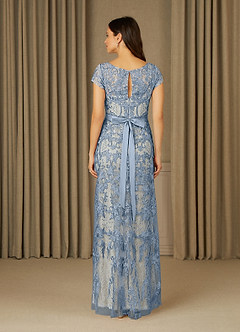 Azazie Dorit Mother of the Bride Dresses Dusty Blue Champagne Sheath Scoop Lace Dress image2