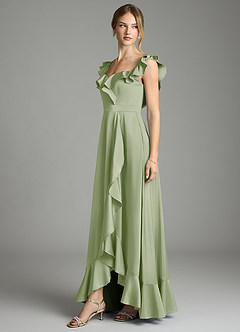 Azazie Lyra Vestidos de damas de honor Vestido de Salvia Polvorienta de Satén Elástico de Corte en A Convertible con Vestidos sin tirantes image4