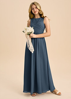 Azazie Skyla Junior Vestido de Neptuno de Gasa de Corte en A con Plisado image5