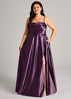 Azazie Elle Brautjungfernkleider A-Linie mit Taschen Metallischer Satin Kleid Pflaume image7