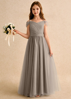 Azazie Yuna Girls Formal vestidos de niña de las flores Vestido de Gris Pardo de Tul de Corte en A con Vestidos sin tirantes image3