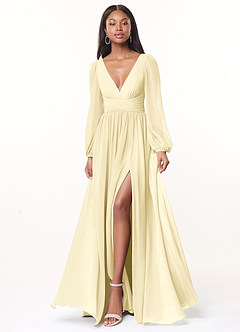 Azazie Norah Robes de demoiselle d'honneur Robe Trapèze en Mousseline de soie Col en V, manches longues Sorbet Citron image1