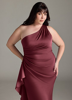 Azazie Latrice Bridesmaid Dresses Merlot Sheath One Shoulder Cascading Ruffles Stretch Satin Dress image10