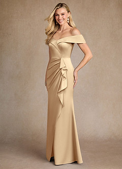 Azazie Laredo Moeder van de bruid jurken Zeemeermin Jurk van Stretch Satijn Off the Shoulder Champagne image2
