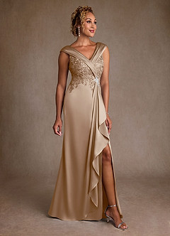 Azazie Santa Monica Mother of the Bride Dresses Taupe A-Line Lace Dress image1