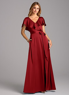 Azazie Lainey Bridesmaid Dresses Pomegranate A-Line with Pockets Stretch Satin Dress image1