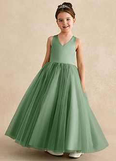 Azazie Peanut Robe Demoiselle D'honneur Fillette Robe Trapèze en Tulle Bretelle Matcha image4