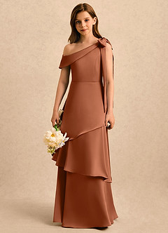 Azazie Shyloh Girls Formal Robe Demoiselle D'honneur Fillette Robe Trapèze en Satin extensible Épaule décolletée Cuivre image4