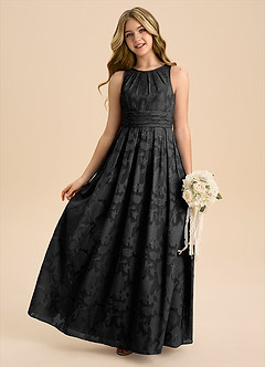 Azazie Bibiane Junior Abito A-Line in Burnout Floreale Plissettato Nero image1