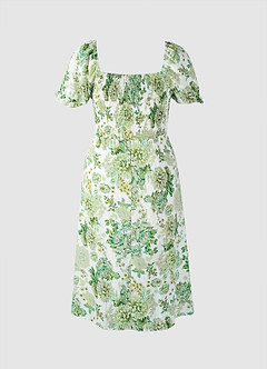 Robe Vert Longueur Midi à Imprimé Floral et Manches Bouffantes image7