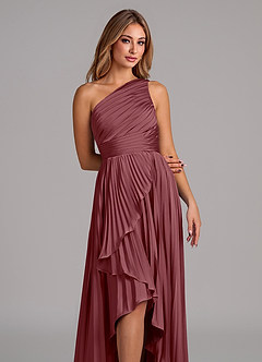 Azazie Lyrica 신부 들러리 드레스 A라인 한쪽 어깨 스트레치 새틴 비대칭 드레스 image7