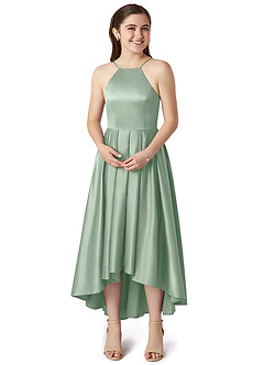 Azazie Jemima Junior Vestido de Agave de Satén Elástico de Corte En A con Con bolsillos image4