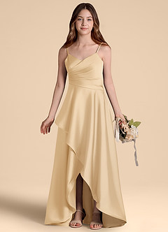 Azazie Prisha Junior Gold A-Line Pleated Stretch Satin Dress image7