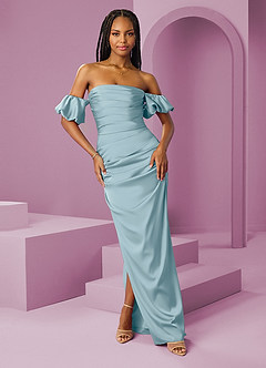 Barbie ♥ Azazie Robes de demoiselle d'honneur Robe Fourreau Convertible en Satin extensible Épaule décolletée Bleu Maussade image1