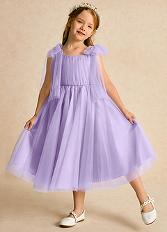 Azazie Dori Robe Demoiselle D'honneur Fillette Robe Trapèze en Tulle Rayé Lilas image4