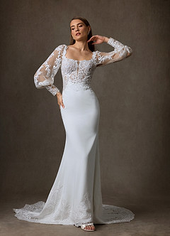 Azazie Isadora Wedding Dresses Diamond White Nude Mermaid Lace Dress image1