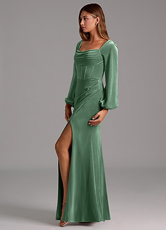 Azazie Charissa Bridesmaid Dresses Eucalyptus Sheath Long Sleeve Velvet Dress image4